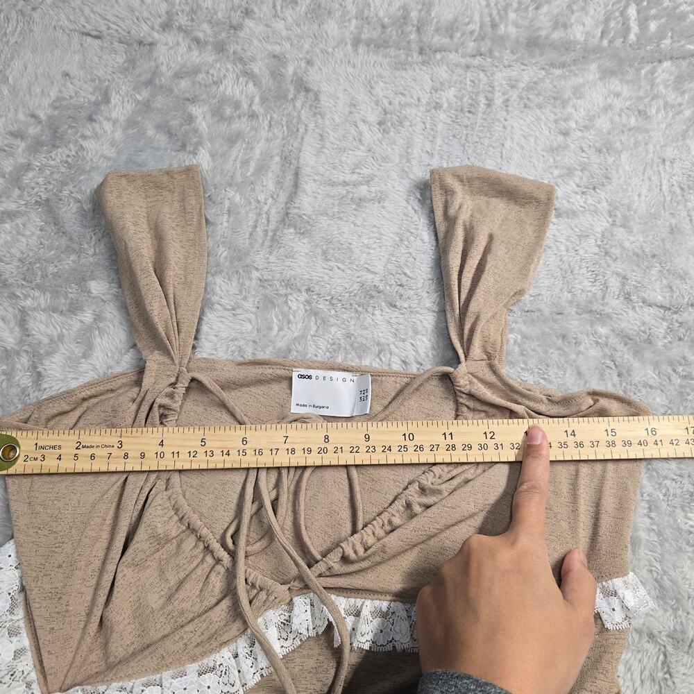 Women's Ruched Lace Trim Mini Dress Mocha Bodycon Fairycore Y2K Sz10 Date Night - Picture 5 of 8